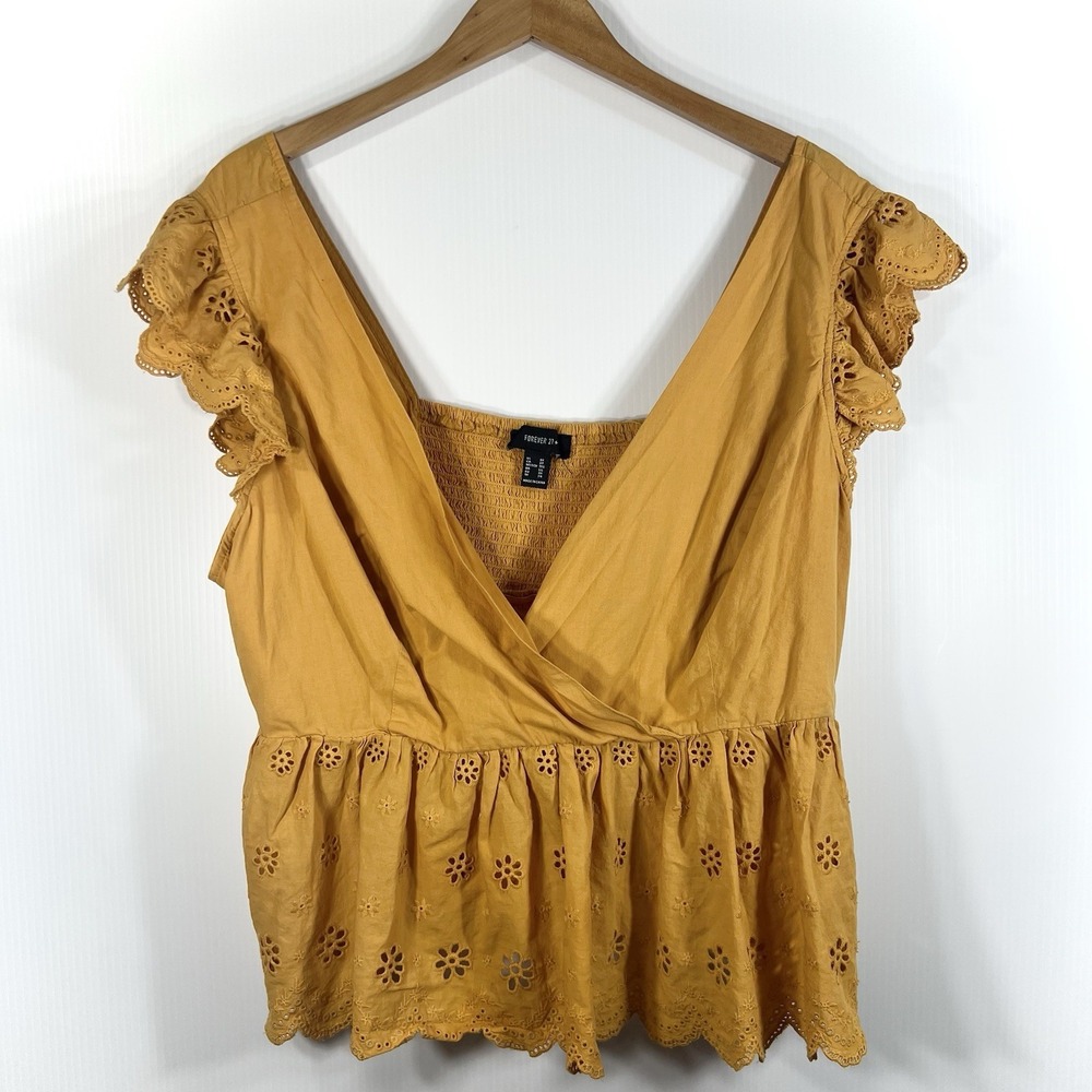 Forever 21 + Eyelet Ruffle Blouse Top 3X Mustard Yellow Flutter Sleeves Babydoll